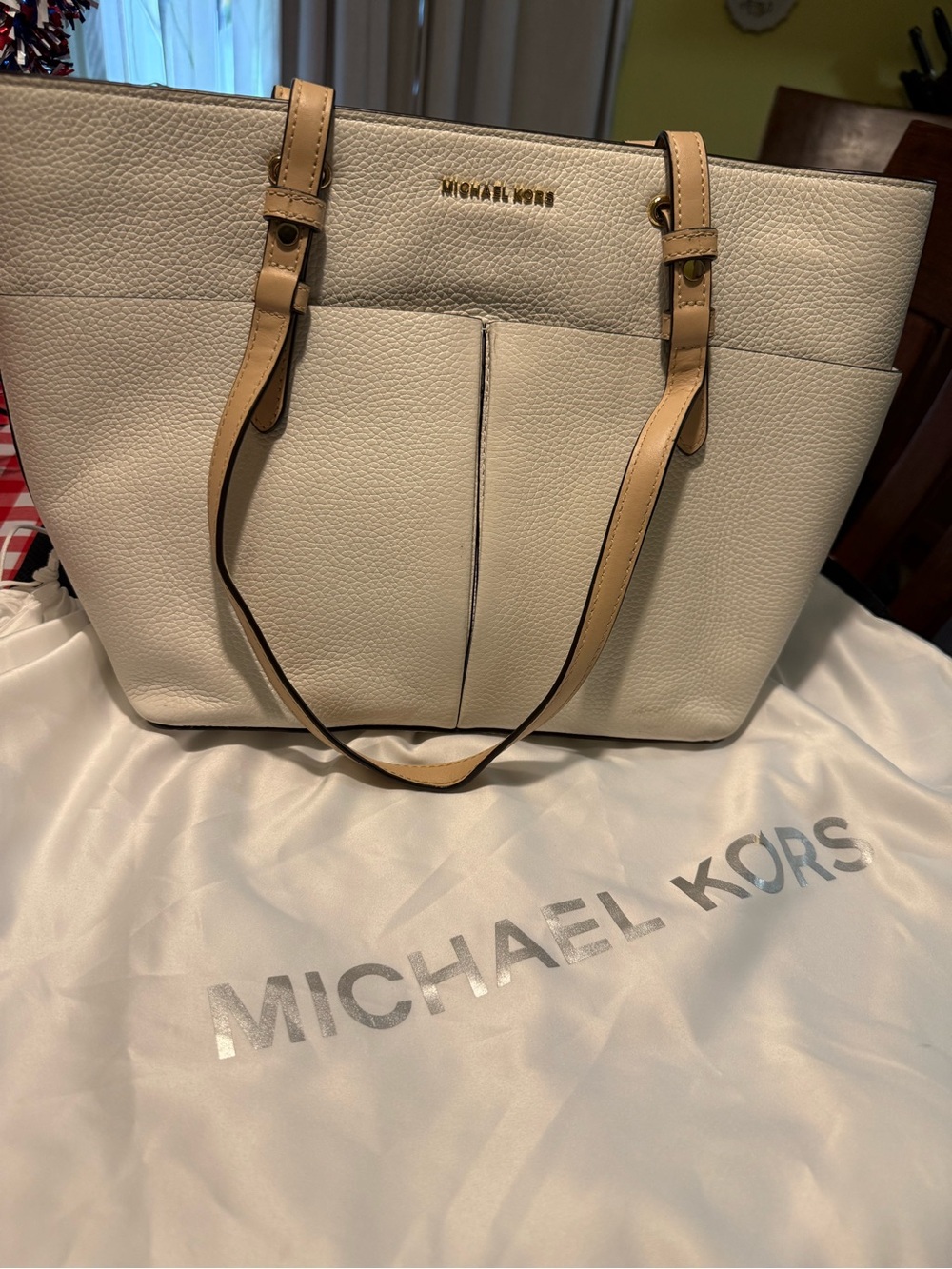 Michael Kors White Pebbled Leather Tote with Tan Straps